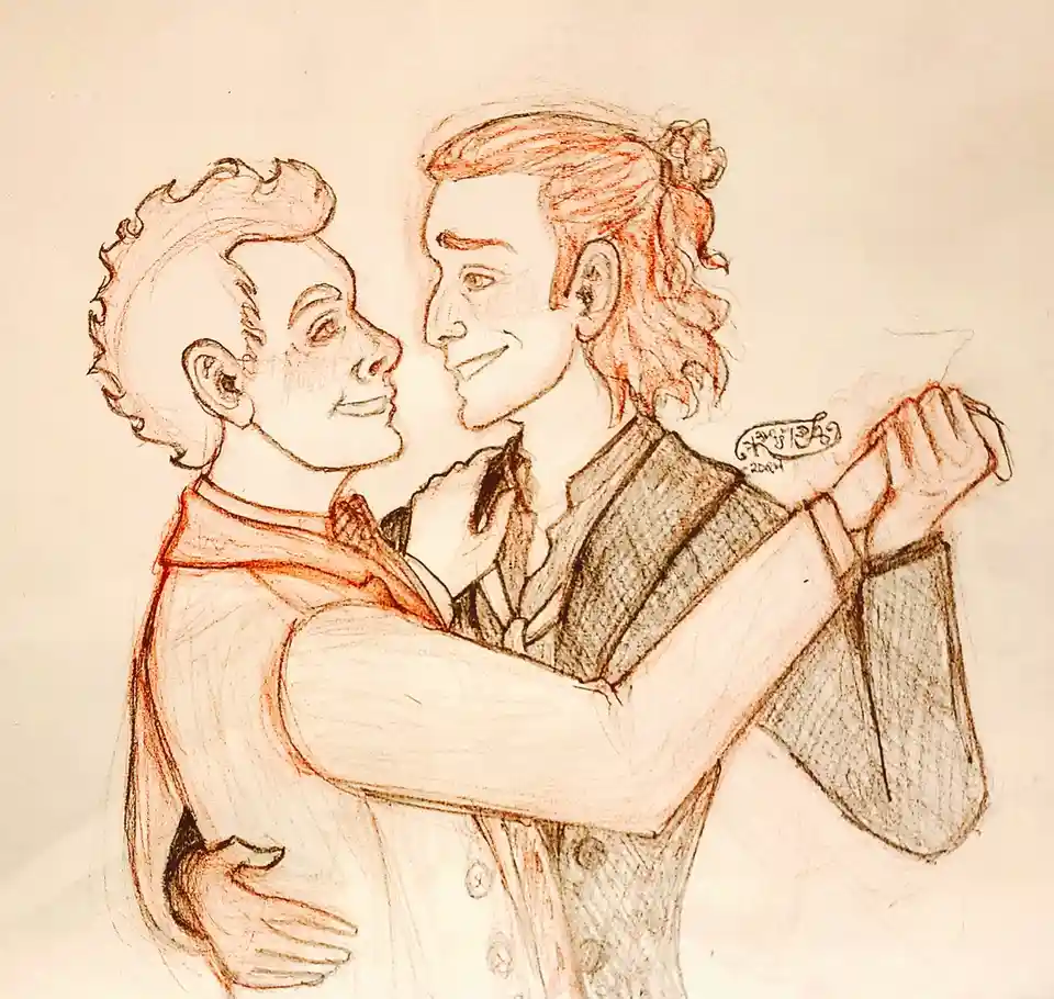 A reddish-toned pencil sketch depicts two men in a close, affectionate embrace, facing each other with smiles. The man on…