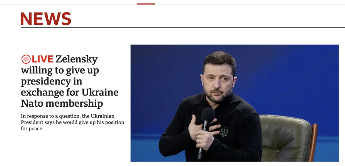 A news article screenshot shows Ukrainian President Zelensky speaking into a microphone while seated. The headline reads…