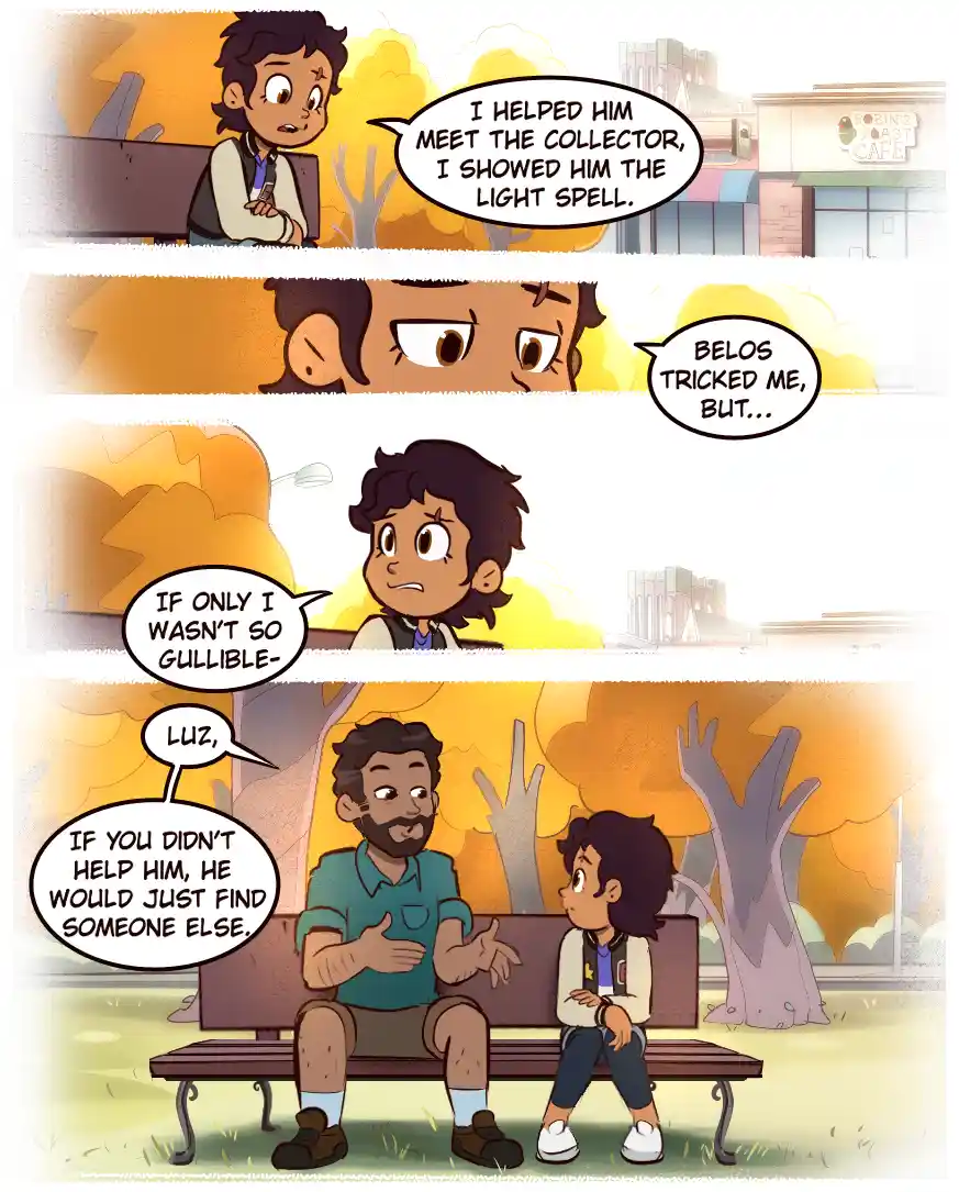 A four-panel comic strip from 'The Owl House' shows Luz confessing to helping a collector, blaming Belos for tricking her…