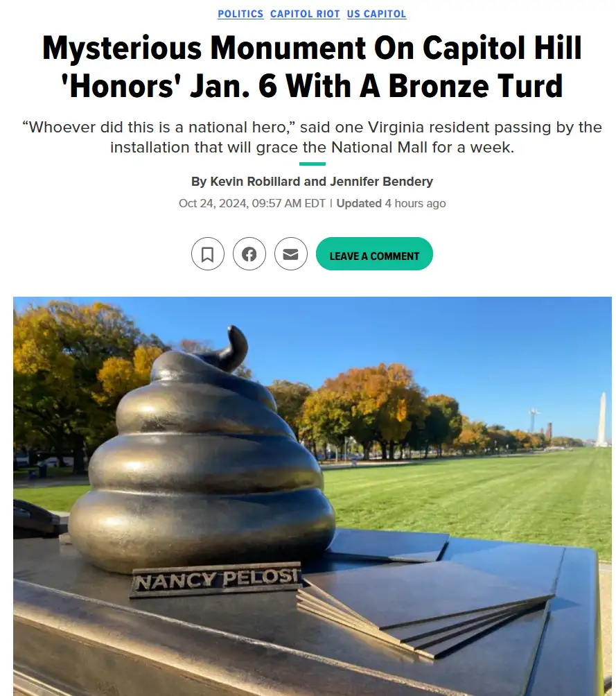A news article screenshot shows a large bronze sculpture shaped like a pile of poop, placed on a pedestal with a plaque…