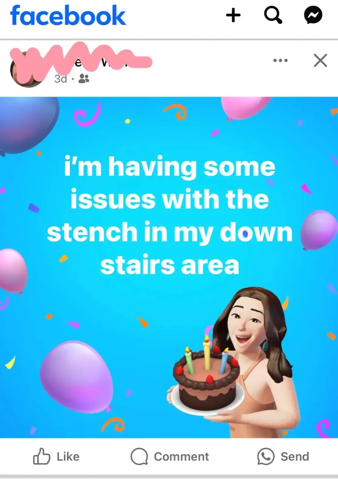 A screenshot of a Facebook post featuring a celebratory graphic with balloons and confetti. A cartoon woman holds a birthday…