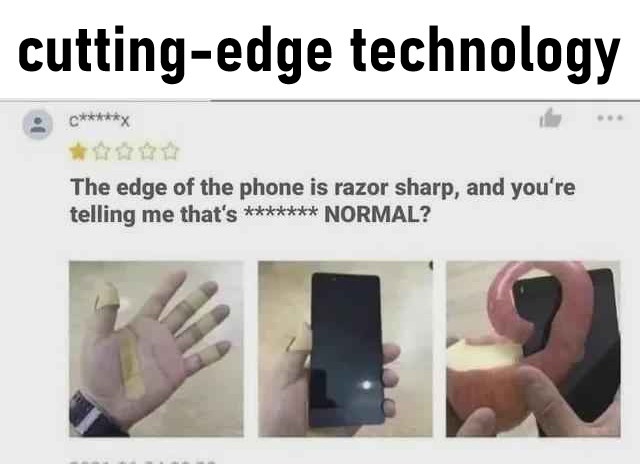 A screenshot of a social media post showing three images: a hand with a bandaged finger, a phone with a sharp edge, and a…