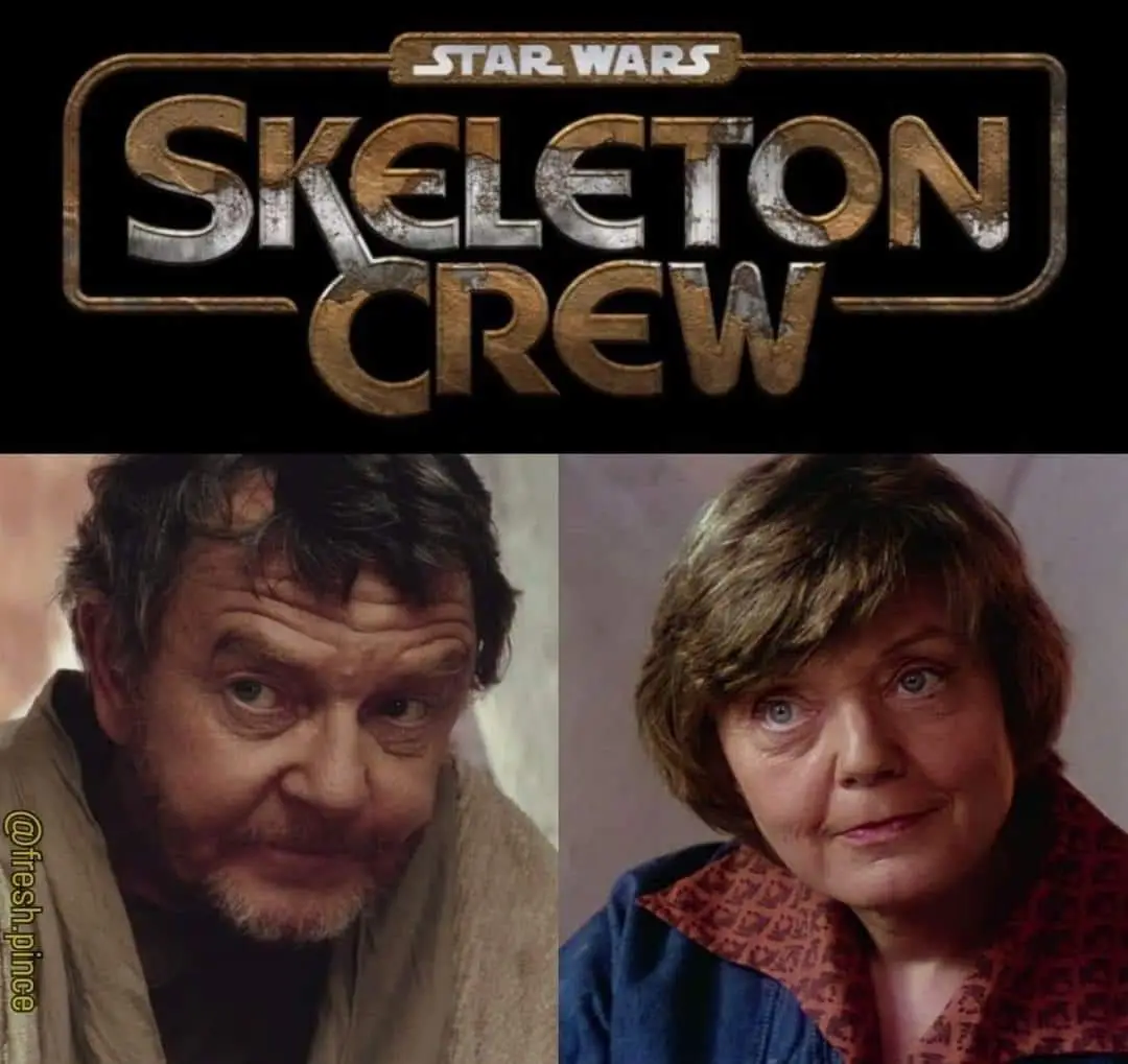 The image displays a parody movie poster for 'Star Wars: Skeleton Crew' with a worn, metallic font. Below the title, two…