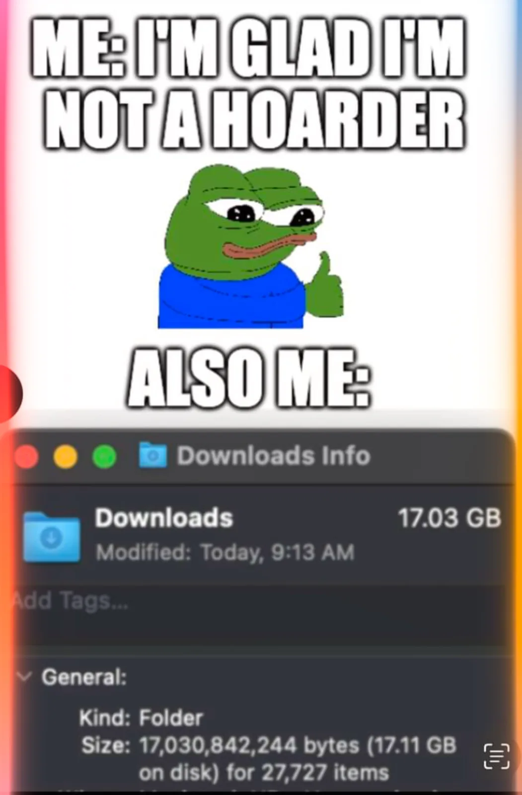 The image shows the Pepe the Frog meme character giving a thumbs-up above the text 'ME: I'M GLAD I'M NOT A HOARDER'. Below…