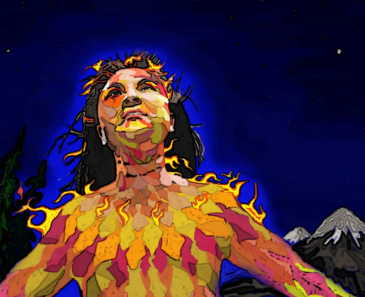 A stylized, colorful digital illustration depicts a person with fiery, flame-like hair and skin, set against a starry night…