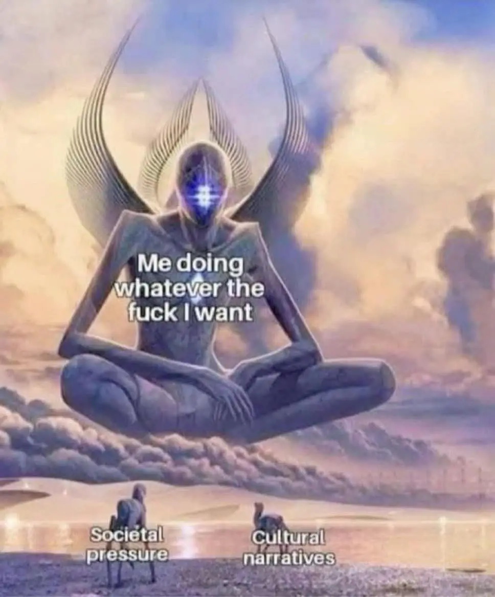 A large, winged, faceless alien-like figure sits cross-legged in a meditative pose above clouds, with the text 'Me doing…