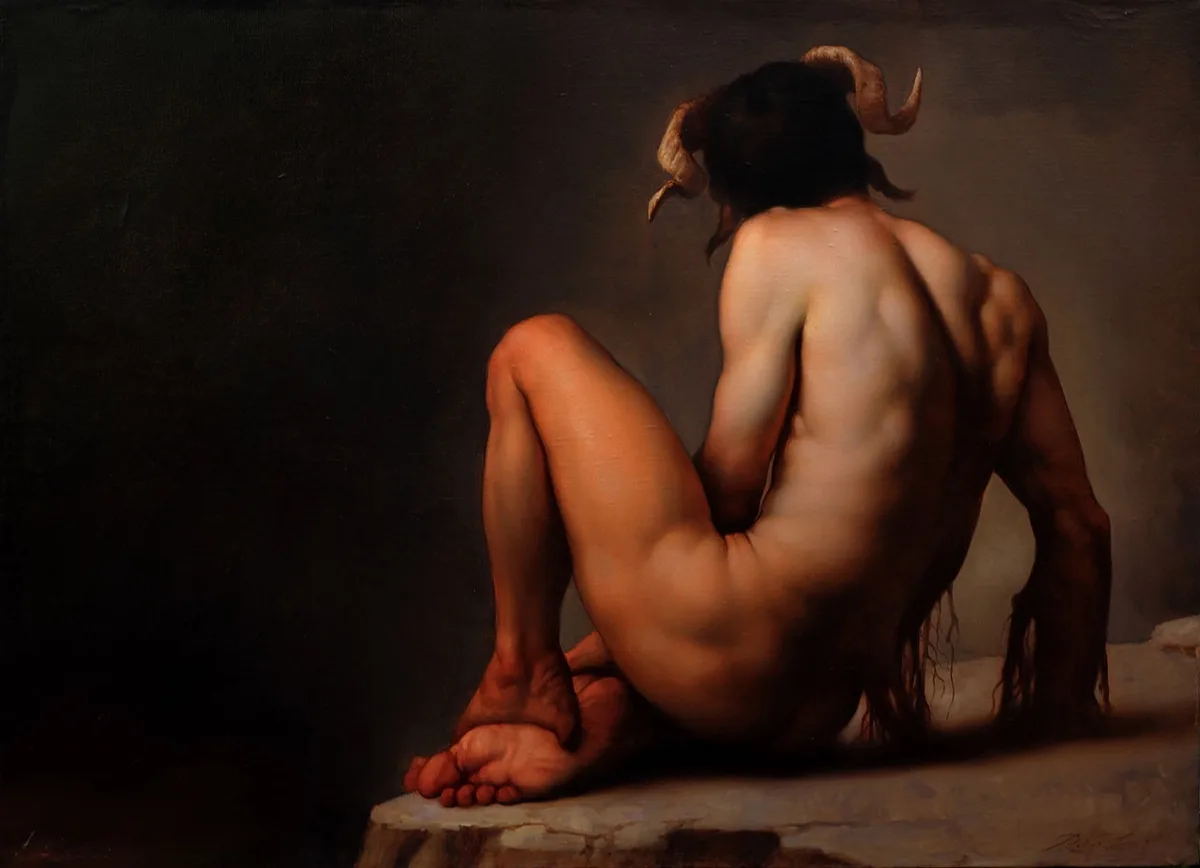 A classical painting depicts a muscular, horned figure sitting on a stone ledge with their back to the viewer, showing their…