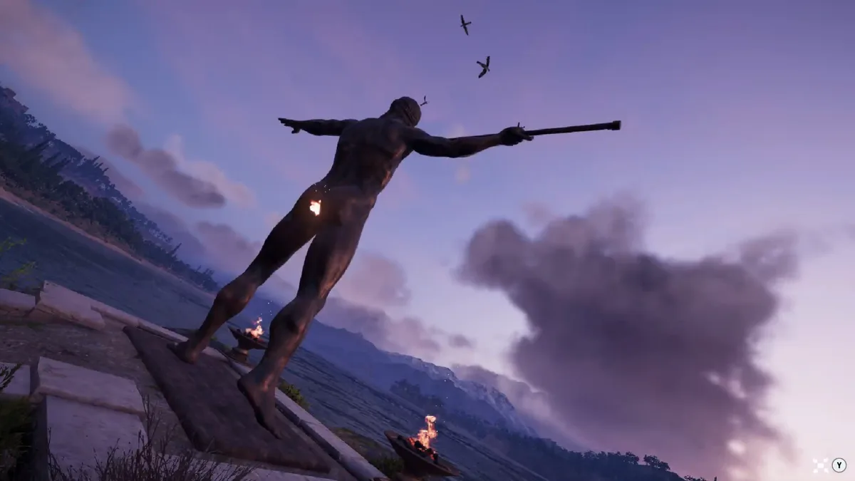 A muscular, nude statue stands on a stone platform overlooking water and mountains at dusk, holding a long gun and pointing…