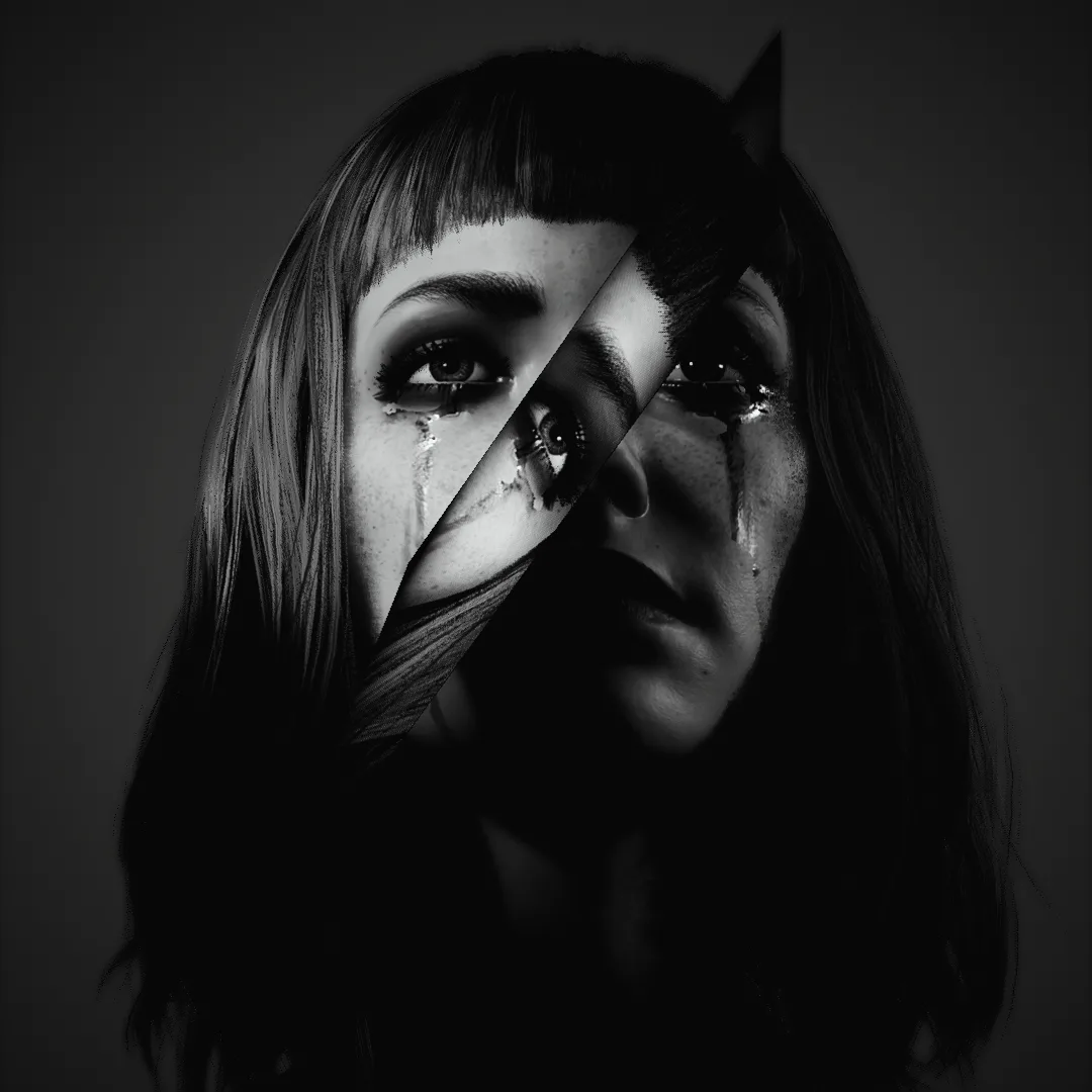 A black-and-white image of a woman's face split diagonally, with one side showing her crying and the other side showing her…
