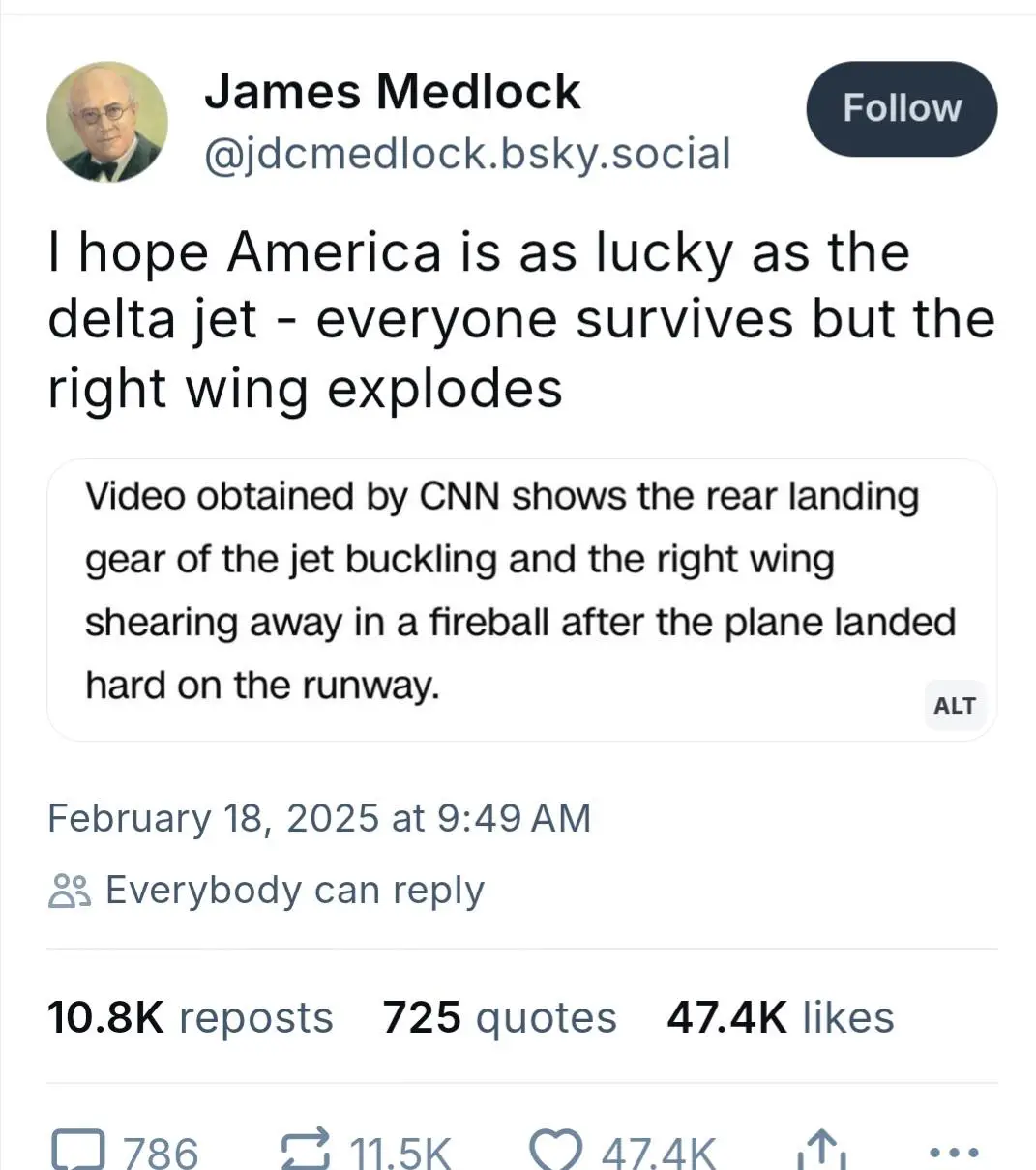 A screenshot of a social media post by James Medlock, who expresses hope that America will be as lucky as a Delta jet crash…