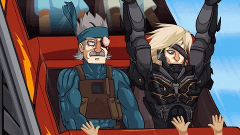 Two animated characters are seated side-by-side in a red roller coaster car, both with their arms raised in excitement. The…