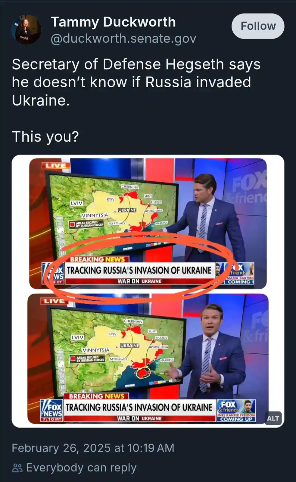 A tweet by Tammy Duckworth shows two Fox News clips of anchors presenting a map of Ukraine with red areas labeled 'Areas…
