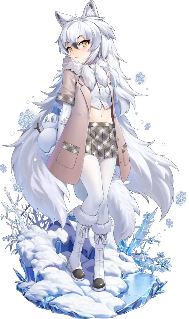 An anime-style girl with long white hair and fox ears stands in a snowy scene, wearing a winter coat, plaid skirt, and…