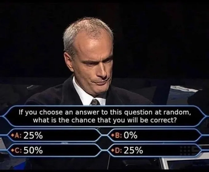A man in a suit is shown looking down with a slight smirk while a quiz show interface displays the question: 'If you choose…