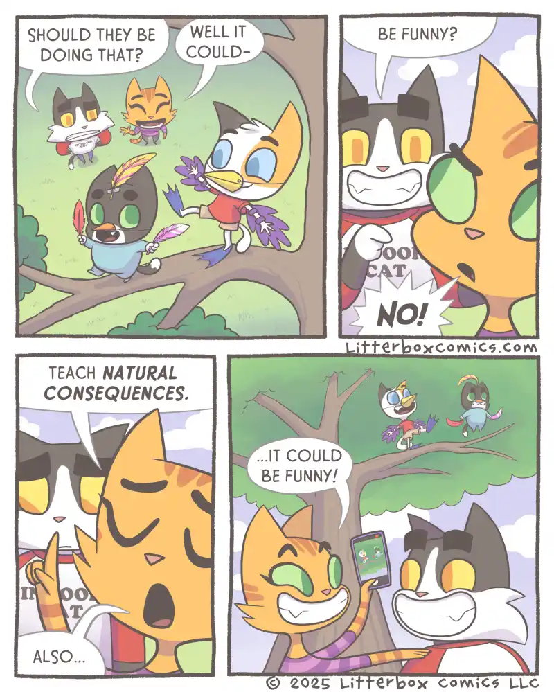 A four-panel comic strip featuring cartoon cats. In the first panel, a small cat with feathers asks if two other cats should…