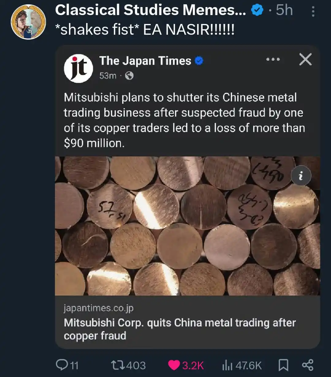 A screenshot of a Twitter post from 'The Japan Times' showing a news article about Mitsubishi Corp. shutting down its…
