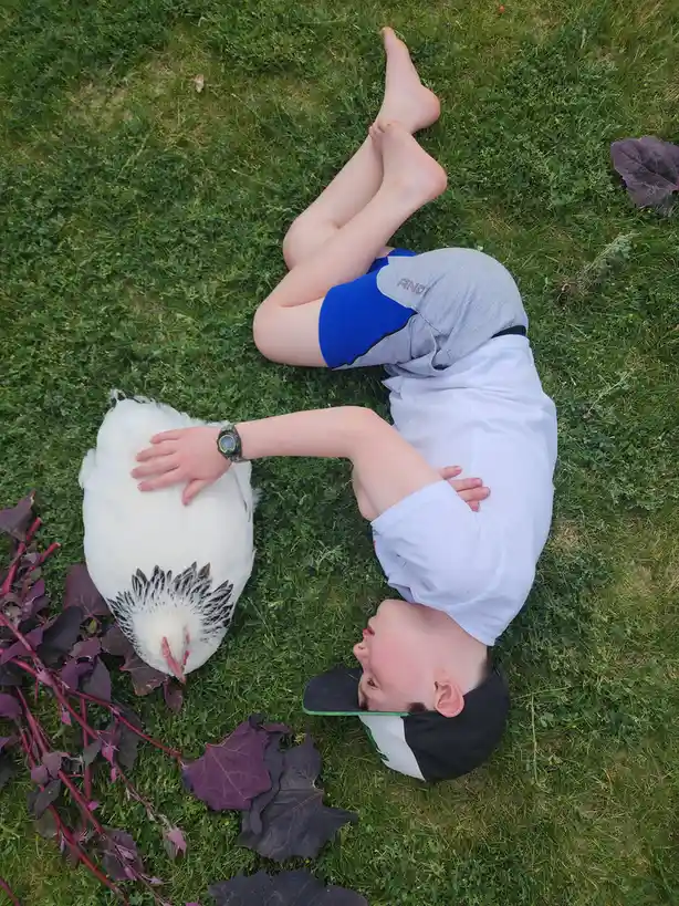 A young boy lies on his back in green grass, wearing a white shirt, blue shorts, and a black-and-white cap, with one hand…
