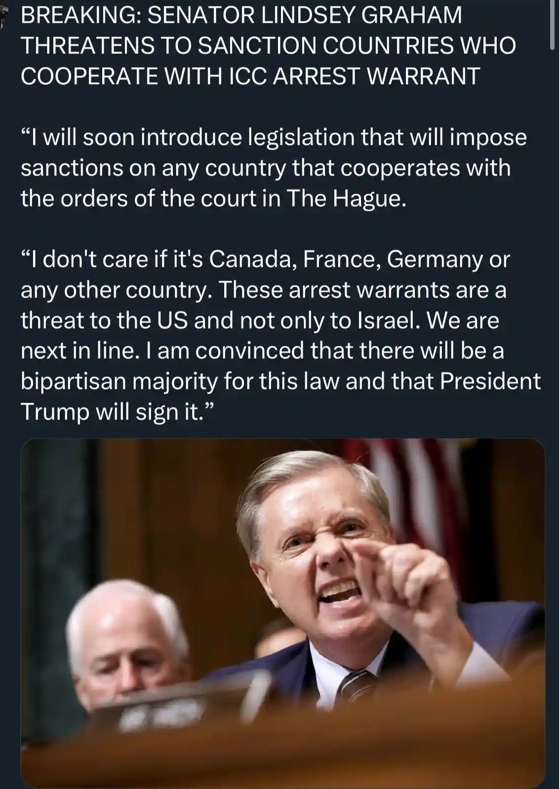 The image shows a close-up of Senator Lindsey Graham speaking passionately in a congressional setting, pointing forward with…