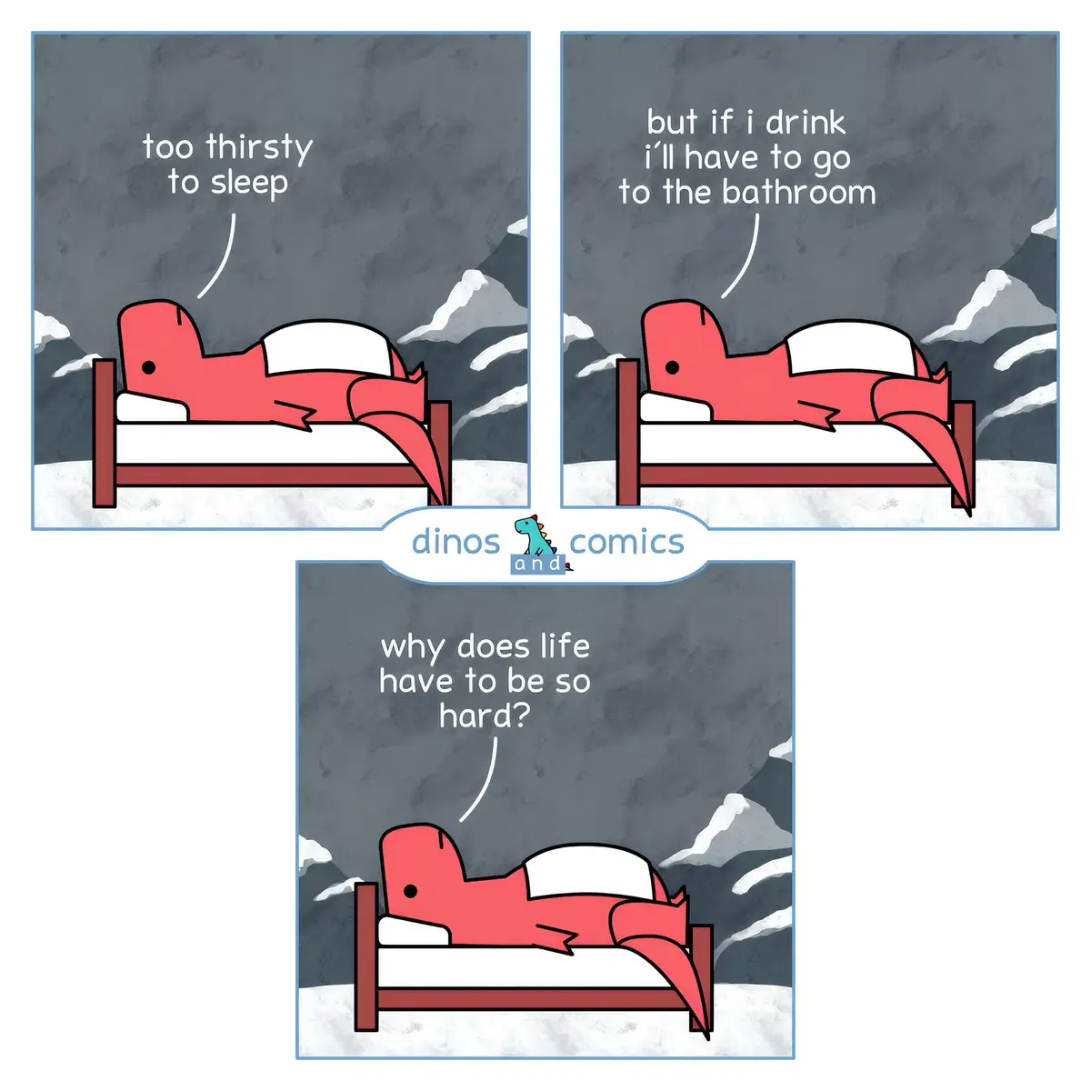 A three-panel comic strip featuring a red cartoon dinosaur lying in bed in a snowy landscape. In the first panel, the…