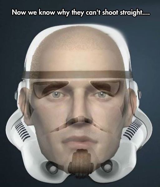 A digitally altered image shows a human face inside a stormtrooper helmet, with the helmet's visor and breathing apparatus…