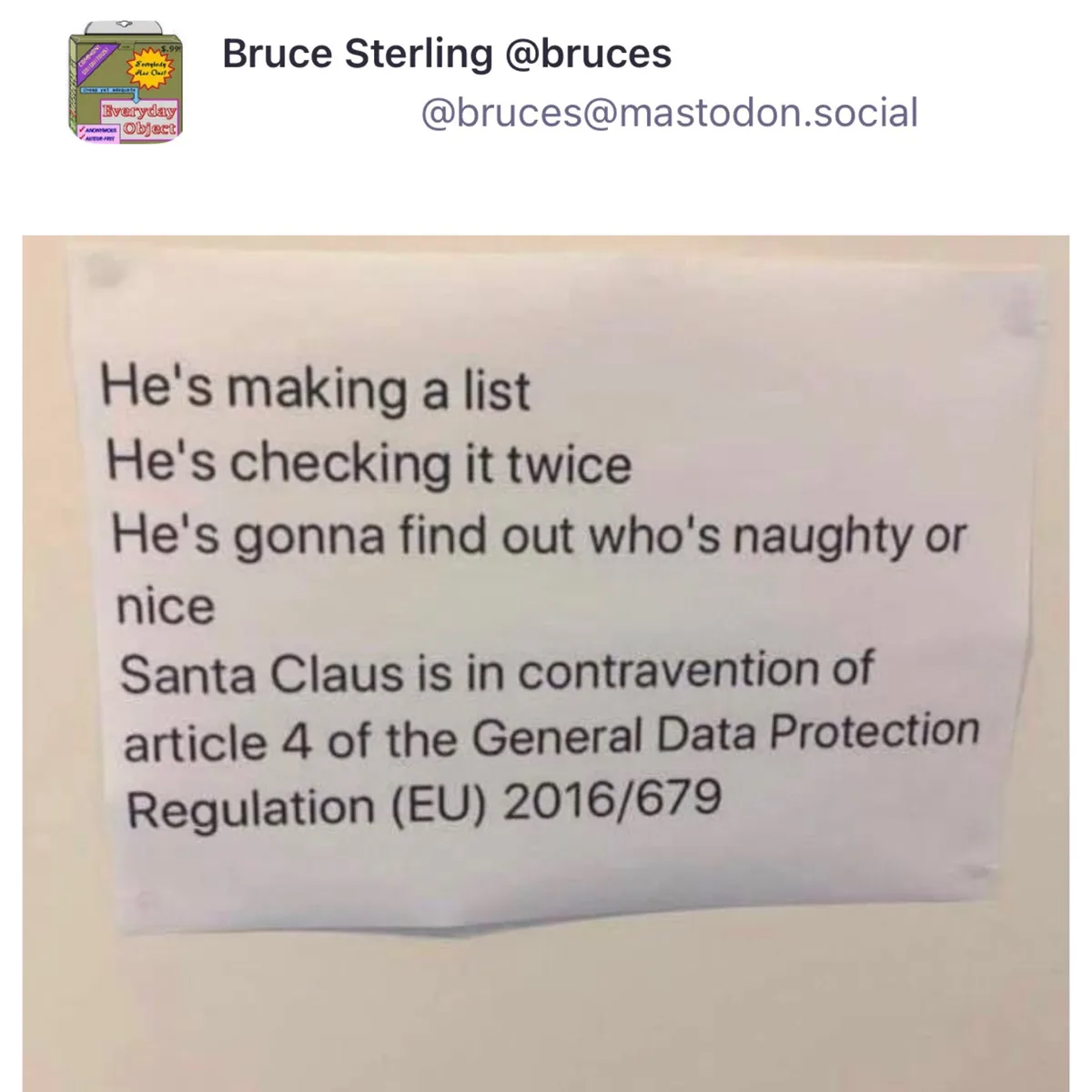 A piece of paper with text humorously altering the classic 'Santa's list' lyrics to state that Santa Claus is violating GDPR…