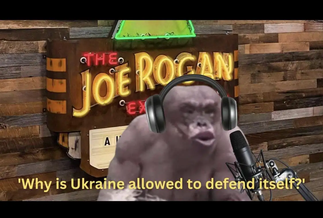 A digitally altered image shows a large, muscular, ape-like creature wearing black headphones and speaking into a…