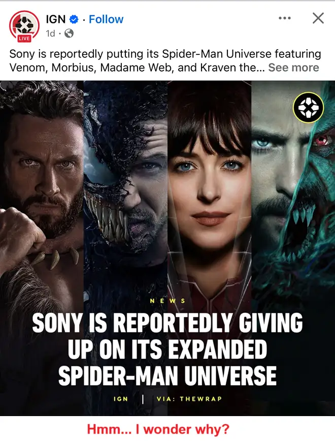 An IGN news post image showing four characters from the Sony Spider-Man Universe: Kraven the Hunter, Venom, Madame Web, and…