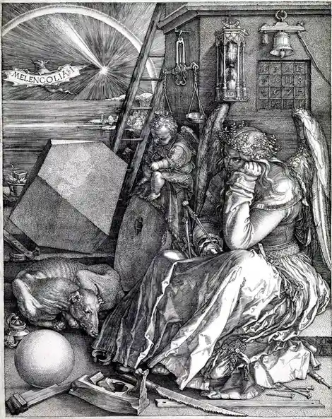 A black-and-white engraving depicts a winged, sorrowful female figure sitting dejectedly amidst scattered tools, a dog, a…