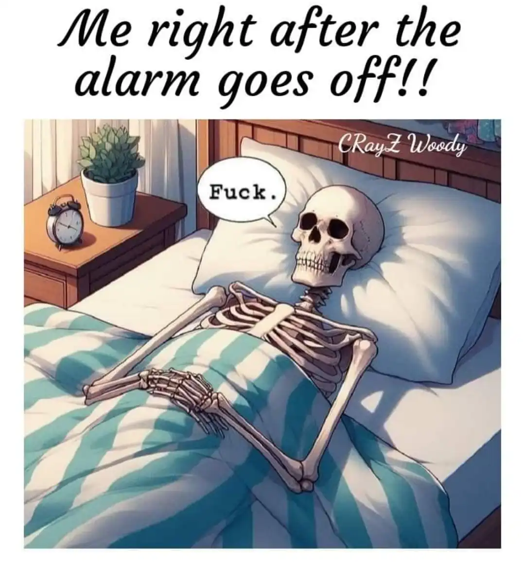 A cartoon skeleton lies in bed under a blue and white striped blanket, looking annoyed with a speech bubble saying 'Fuck.'…