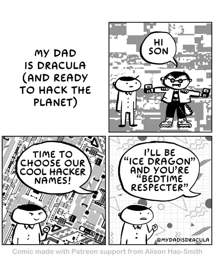 A four-panel comic strip shows a father and son in a hacker-themed setting. The father, styled as Dracula with fangs and…