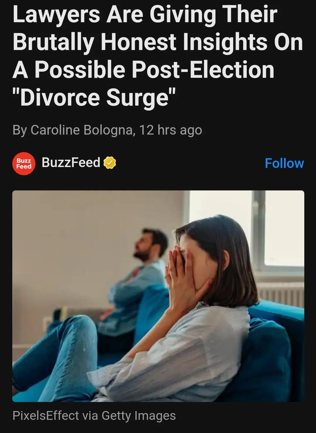 An image mimicking a BuzzFeed article header shows a woman covering her face in distress while sitting on a couch, with a…