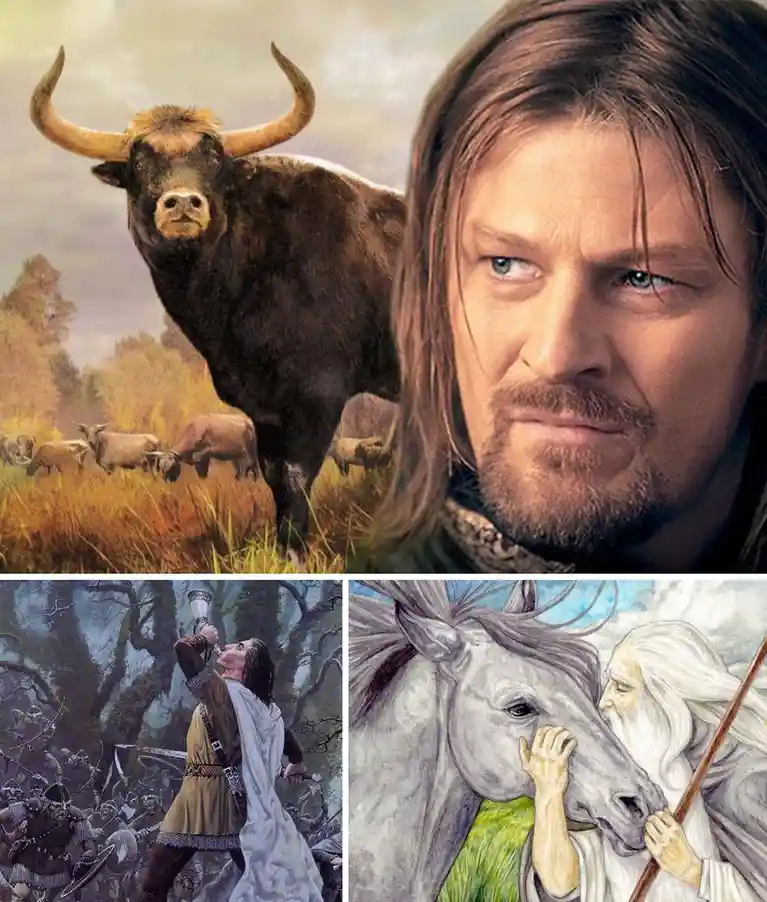A collage of four images: a close-up of a man with long hair and a beard looking sideways with a skeptical expression; a…