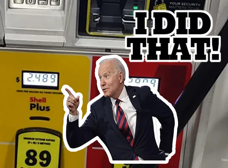 A cutout of Joe Biden, pointing assertively, is superimposed over a Shell gas pump displaying a price of $2.489 per gallon…