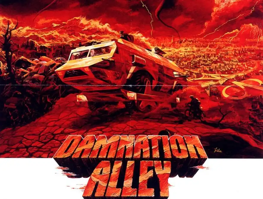 A dramatic, red-hued poster for the 1980s sci-fi film 'Damnation Alley' depicts a massive, futuristic armored vehicle…