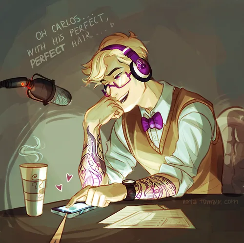 A cartoon man with blonde hair, purple headphones, and a bowtie sits at a desk with a microphone, coffee cup, and phone. He…