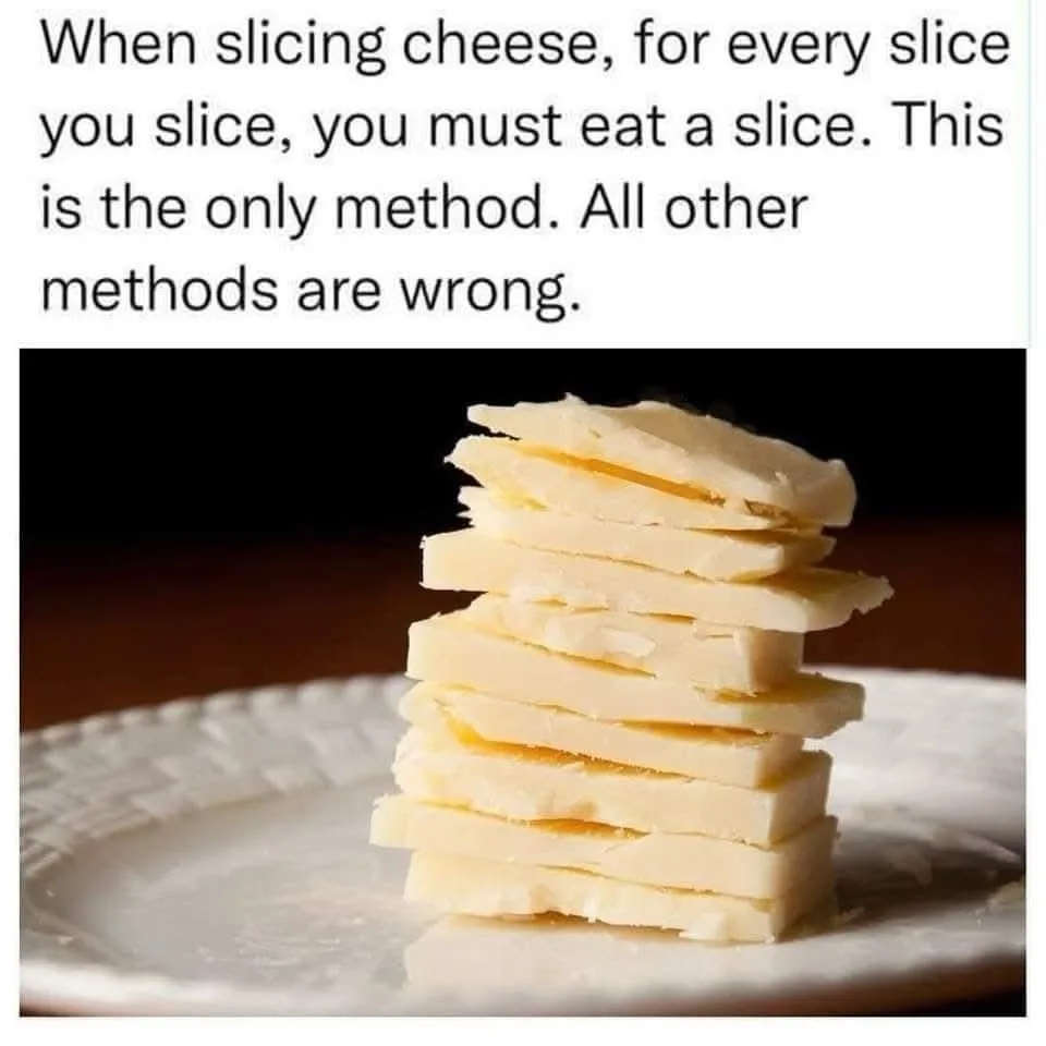 A stack of unevenly sliced cheese pieces sits on a white plate against a dark background. The overlaid text reads: 'When…