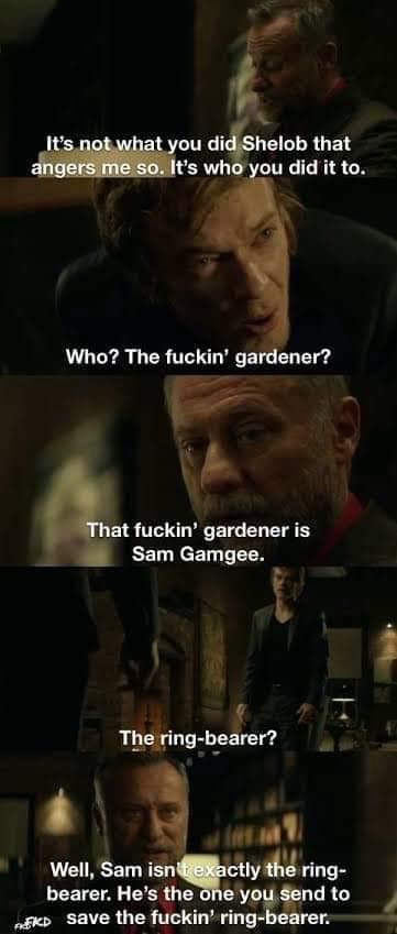 A four-panel meme using scenes from 'The Lord of the Rings' where characters discuss Sam Gamgee. The text overlays a…