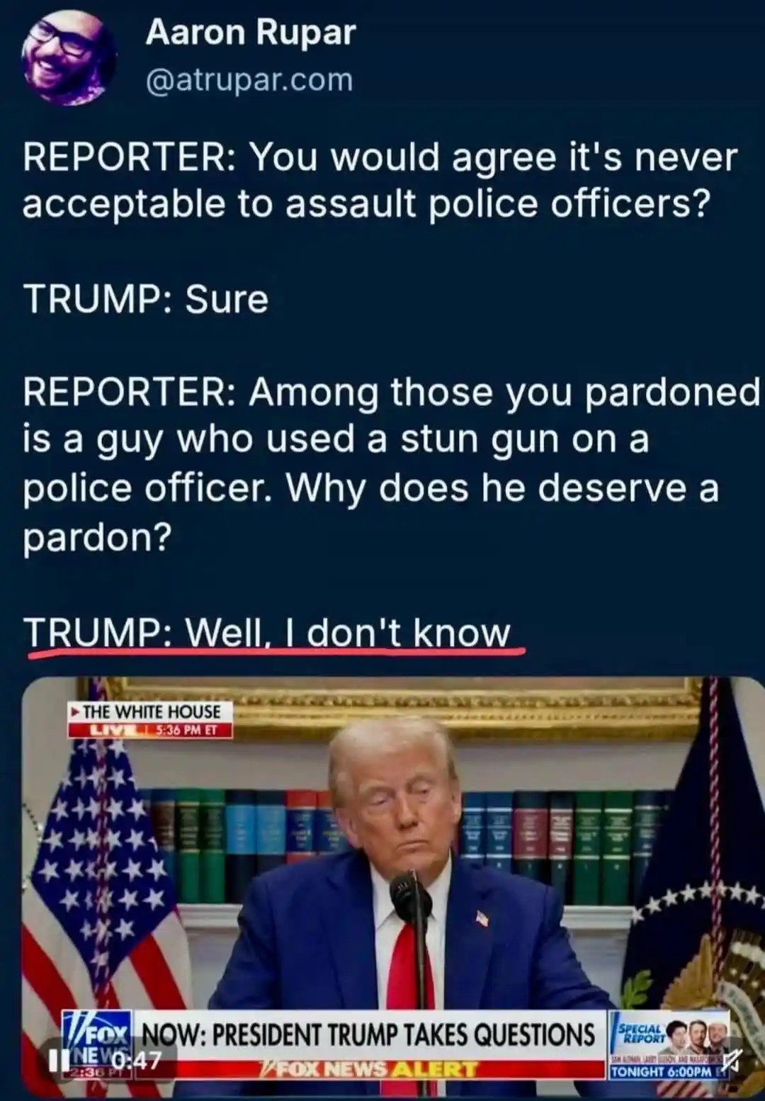 A screenshot of a Fox News broadcast shows Donald Trump looking downcast while seated at a desk with American flags and…