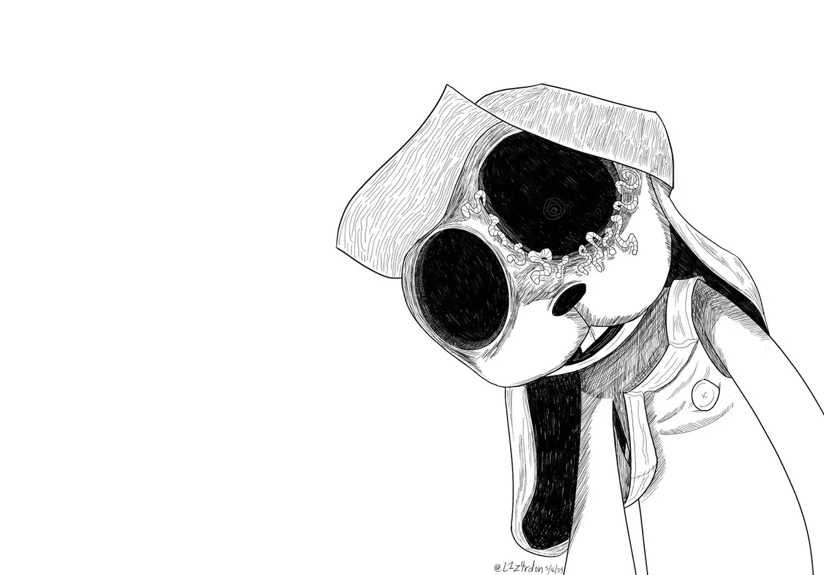 A black-and-white line drawing shows a cartoon dog wearing a nurse's cap and a white coat, with large, empty black eyes and…