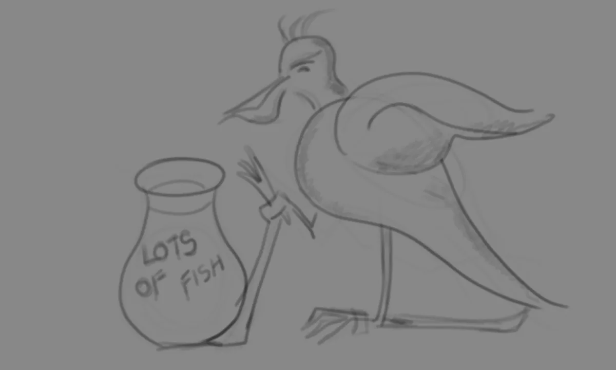 A sketch of a stylized bird-like creature standing next to a jug labeled 'LOTS OF FISH'. The bird has a long beak, feathered…