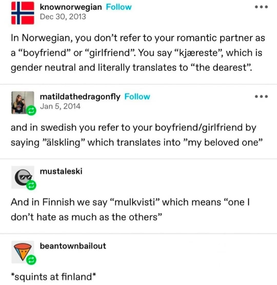 A screenshot of a social media thread where users discuss romantic relationship terms in Scandinavian languages. The first…