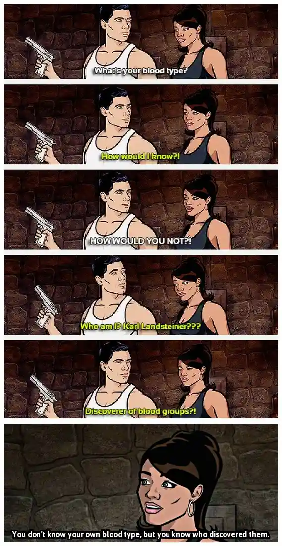 A six-panel comic strip featuring a man holding a gun and a woman in a dimly lit stone room. The man asks 'What's your blood…
