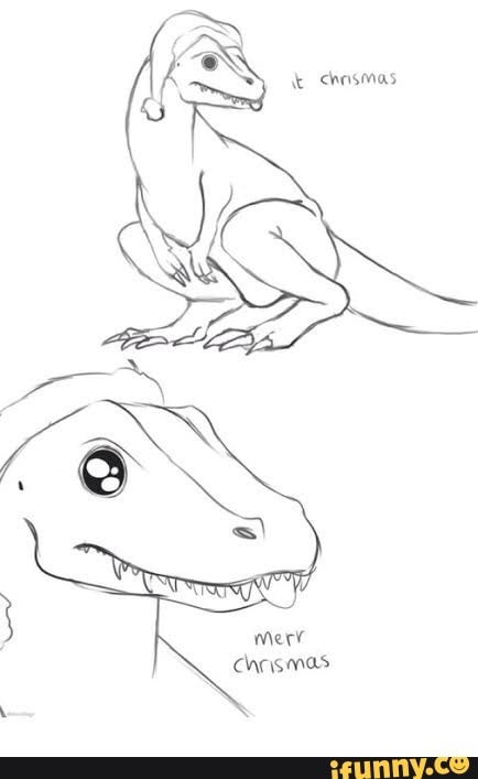 A black-and-white sketch shows two dinosaur-like creatures. The top one wears a Santa hat and has the text 'it chrismas'…