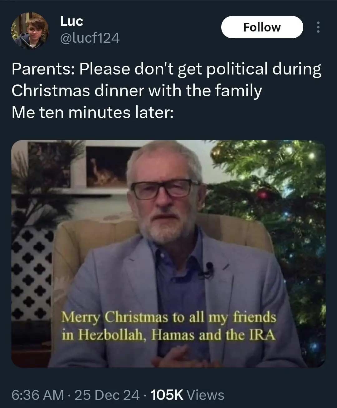 A screenshot of a tweet by user Luc (@lucf124) shows a photo of Jeremy Corbyn sitting in a chair with a Christmas tree…