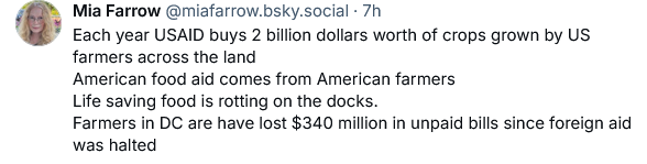 A screenshot of a tweet by Mia Farrow showing text that states USAID buys $2 billion in U.S. crops annually, American food…