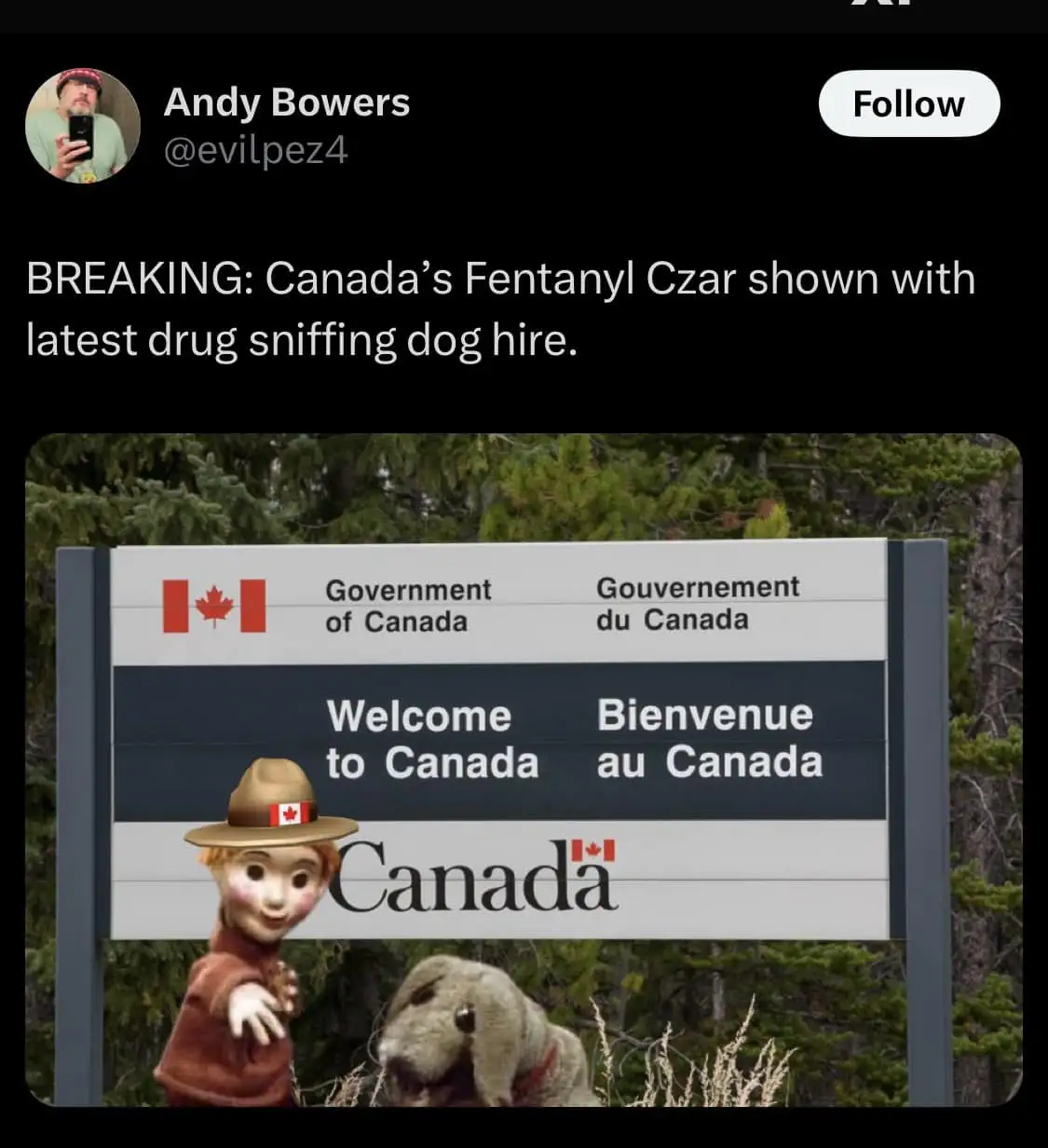 An image of a Canadian border sign reading 'Government of Canada', 'Welcome to Canada', and 'Bienvenue au Canada' with a…