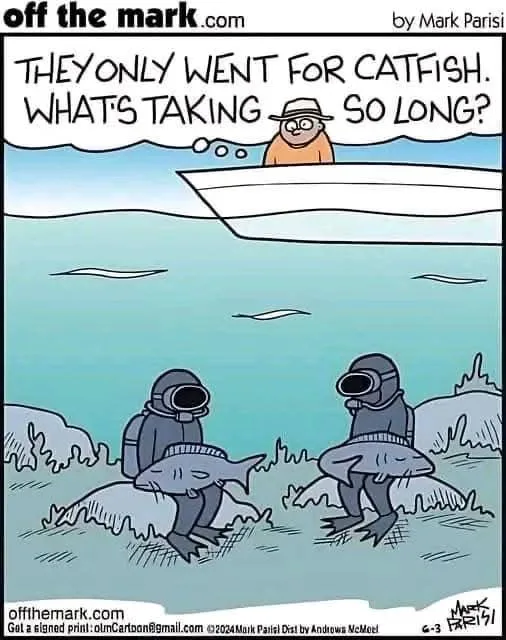 A cartoon depicts two scuba divers underwater, each holding a large fish, while a man in a boat above them looks down and…
