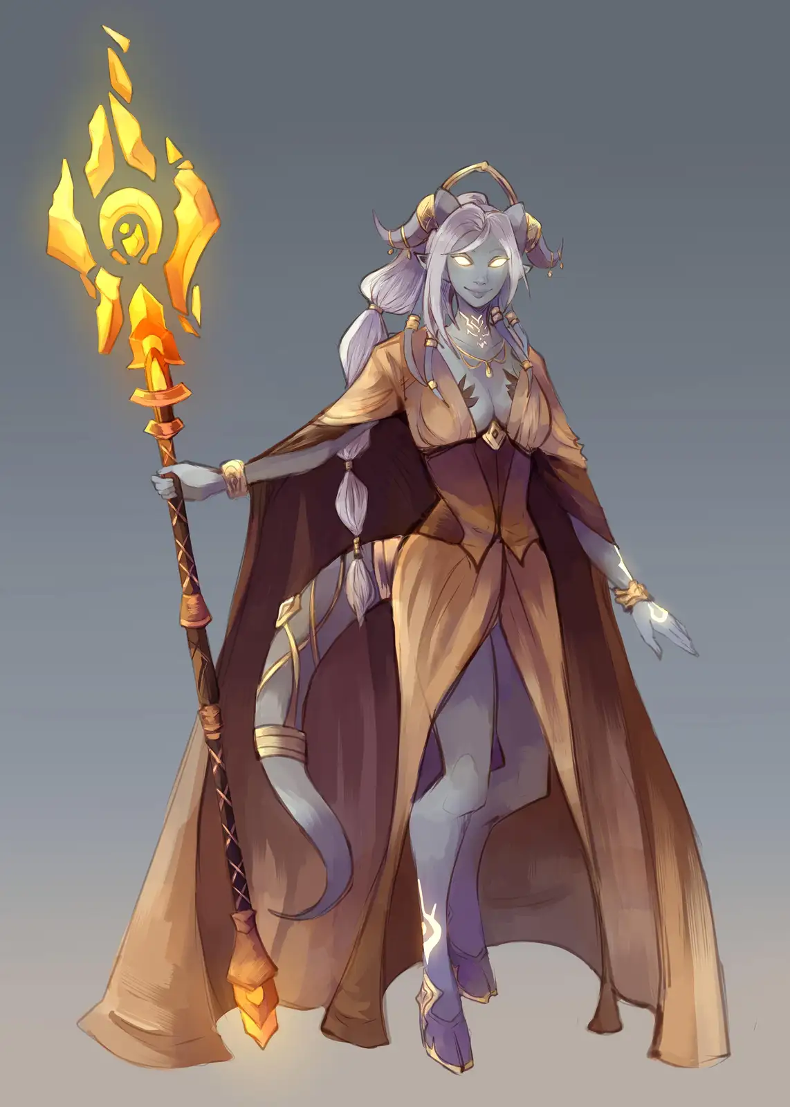A fantasy illustration of a pale-skinned, horned woman with glowing eyes, wearing a brown and purple robe and holding a…