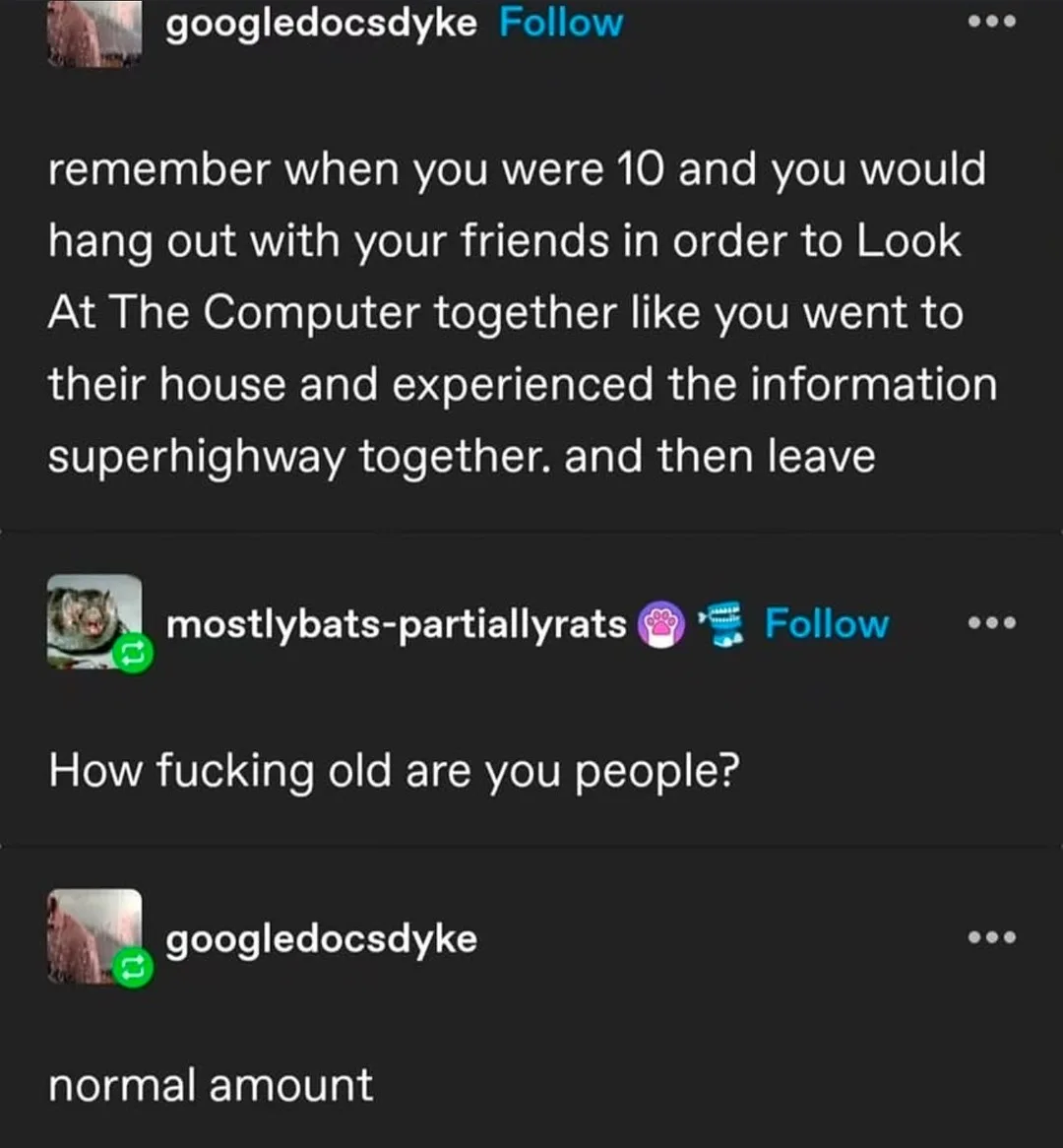 A screenshot of a social media conversation where one user nostalgically recalls being 10 and gathering friends to use…