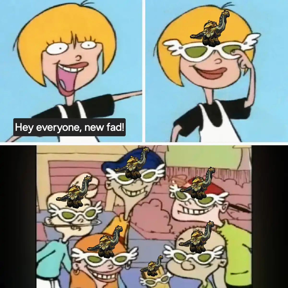 The image is a three-panel meme featuring the cartoon character Angelica from 'Rugrats'. In the first panel, she excitedly…